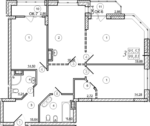 Планировка 3-к.кв 95.56 м² в ЖК «Астон. Шесть Звезд»