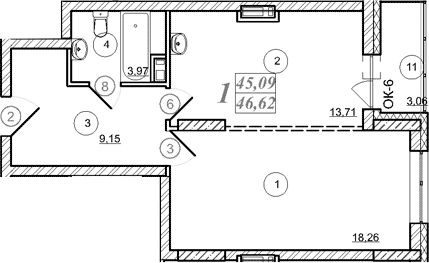 Планировка 1-к.кв 45.06 м² в ЖК «Астон. Шесть Звезд»