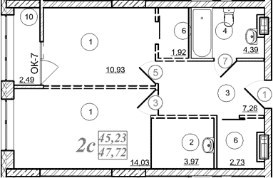 Планировка 2е-к.кв 45.23 м² в ЖК «Астон. Шесть Звезд»
