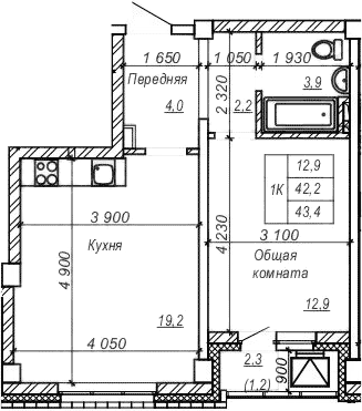 Планировка 1-к.кв 42.25 м² в ЖК «Серебряный ключ»