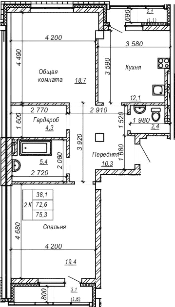 Планировка 2-к.кв 72.70 м² в ЖК «Серебряный ключ»