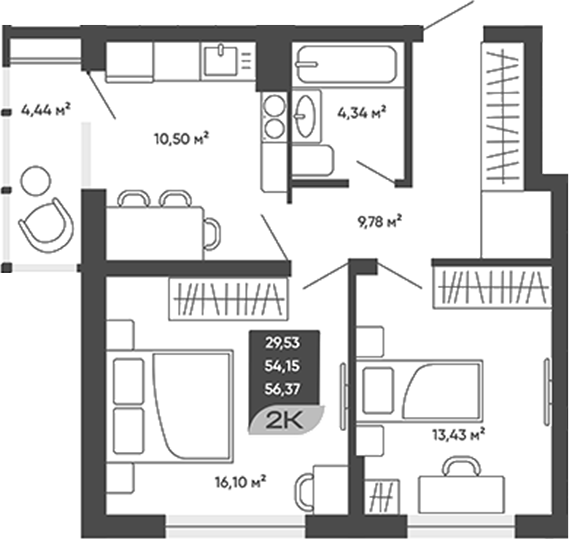 Планировка 2-к.кв 54.17 м² в ЖК «Мичурин»