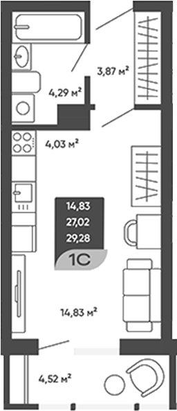 Планировка студии 29.28 м² в ЖК «Мичурин»