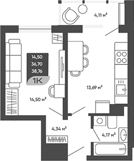 Планировка 1-к.кв 38.75 м² в ЖК «Мичурин»