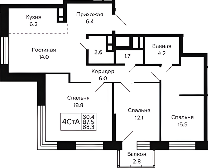 Планировка 4е-к.кв 87.46 м² в ЖК «Цитатум»