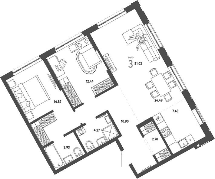 Планировка 3е-к.кв 81.03 м² в ЖК «Страна. Береговая»