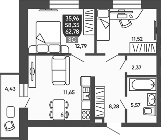 Планировка 3е-к.кв 58.35 м² в ЖК «Ермак»