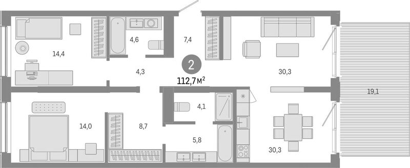 Планировка 2-к.кв 93.60 м² в ЖК «Европейский берег»