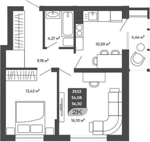 Планировка 2-к.кв 56.30 м² в ЖК «Мичурин»