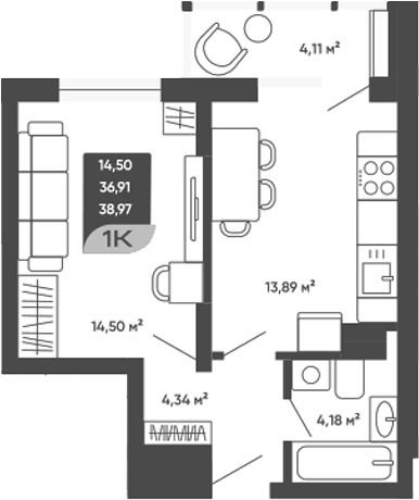 Планировка 1-к.кв 38.96 м² в ЖК «Мичурин»