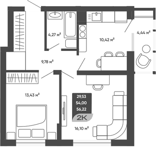 Планировка 2-к.кв 54.00 м² в ЖК «Мичурин»