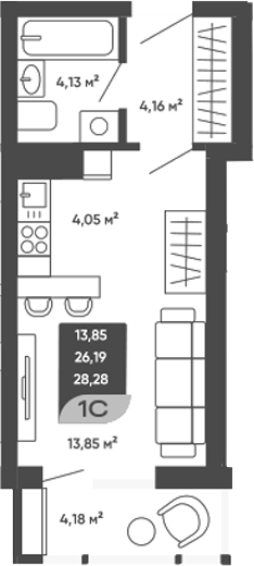 Планировка студии 28.28 м² в ЖК «Мичурин»