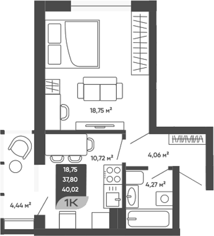 Планировка 1-к.кв 40.02 м² в ЖК «Мичурин»