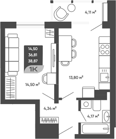 Планировка 1-к.кв 38.86 м² в ЖК «Мичурин»