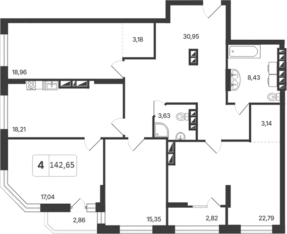 Планировка 4-к.кв 139.81 м² в ЖК «Астон. Шесть Звезд»