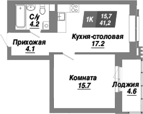 Планировка 1-к.кв 41.20 м² в ЖК «Калининский квартал»