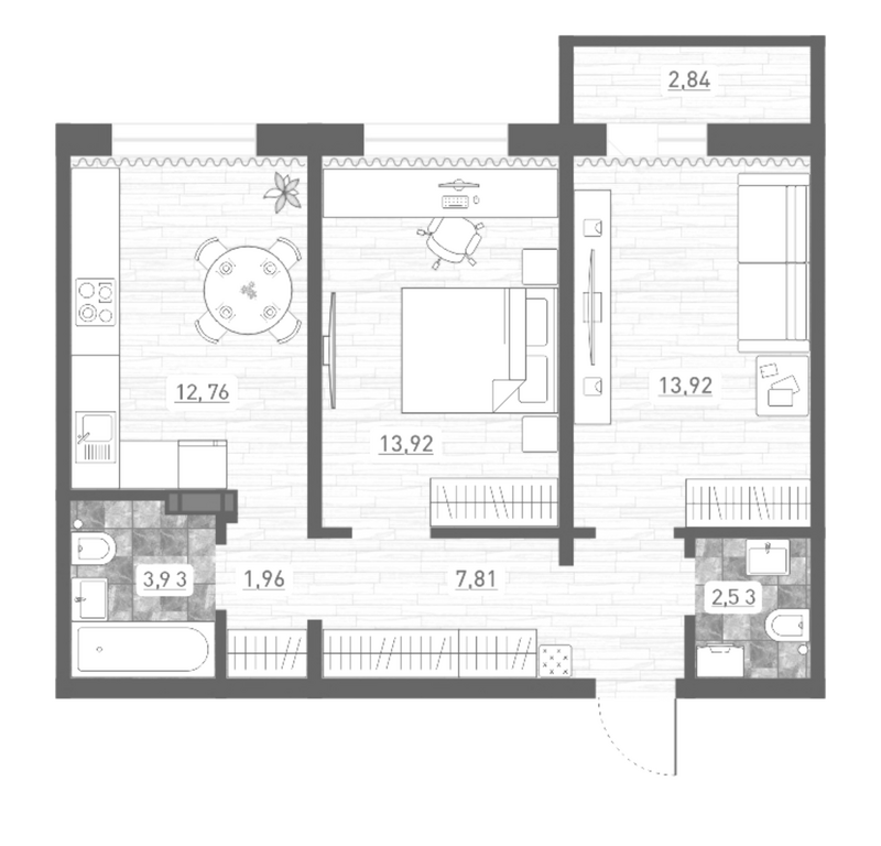 Планировка 2-к.кв 56.83 м² в ЖК «Радуга Сибири»