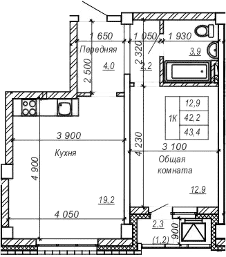 Планировка 1-к.кв 42.25 м² в ЖК «Серебряный ключ»