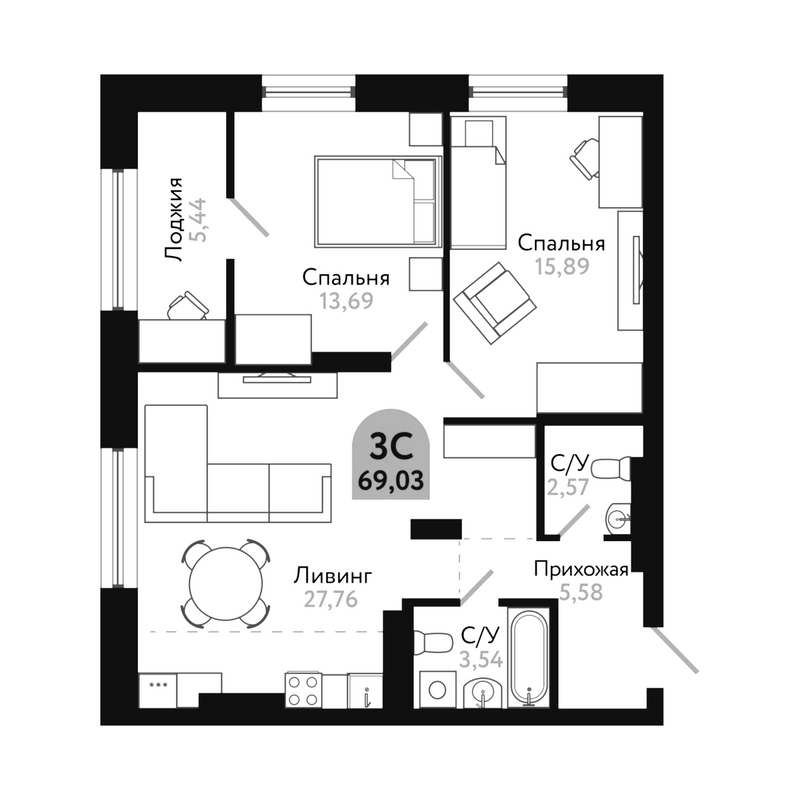 Планировка 3е-к.кв 69.03 м² в ЖК «Квартал 1604. Томск»