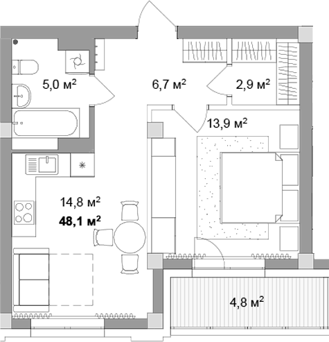 Планировка 2е-к.кв 43.30 м² в ЖК «Мегаполис»