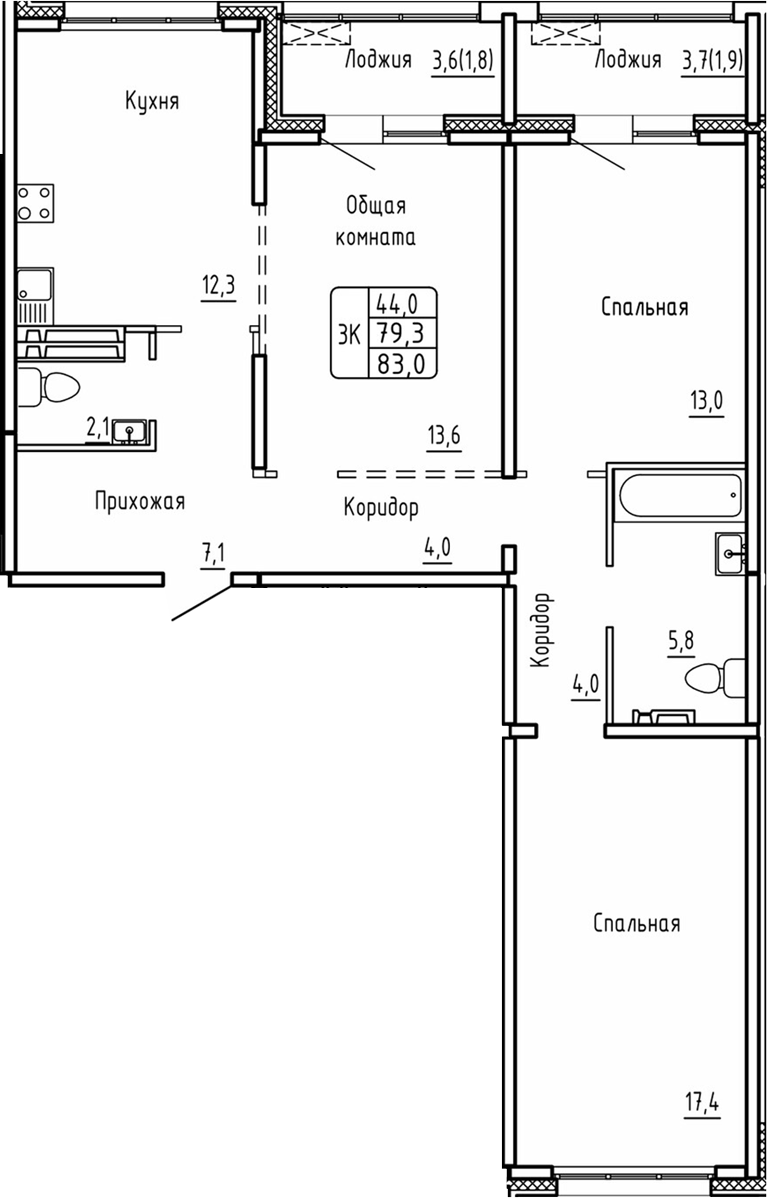 Планировка 3-к.кв 79.30 м² в ЖК «Самоцветы»