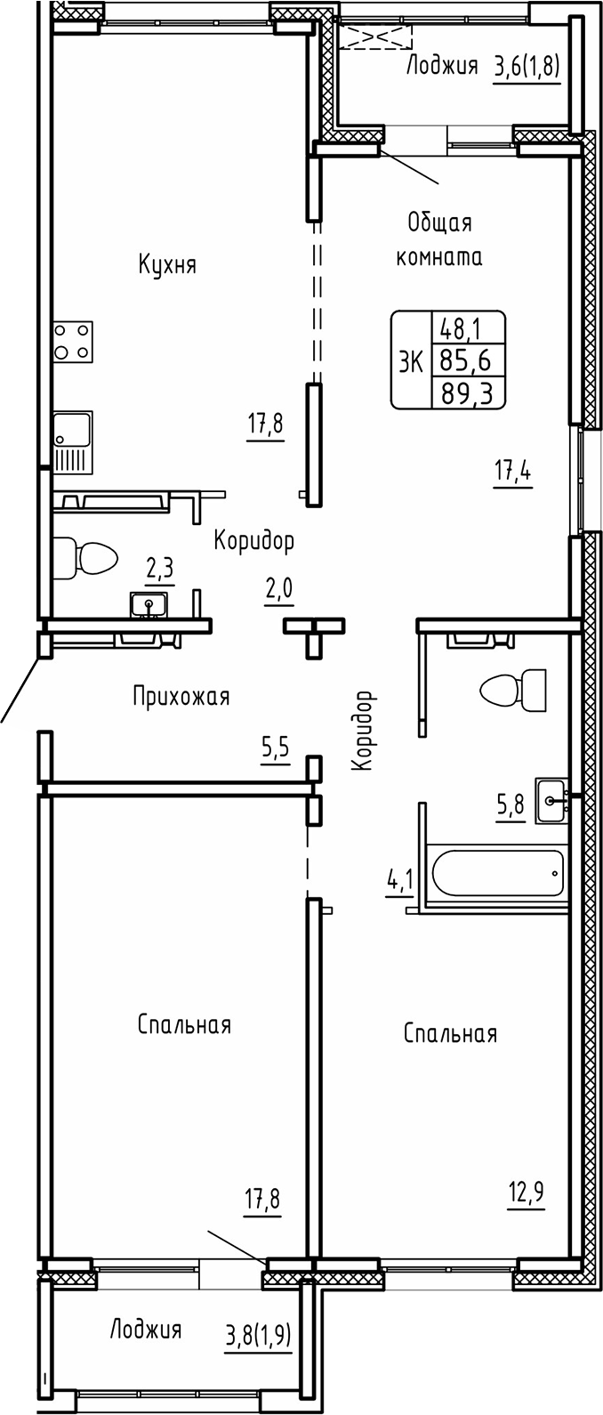Планировка 3-к.кв 85.60 м² в ЖК «Самоцветы»