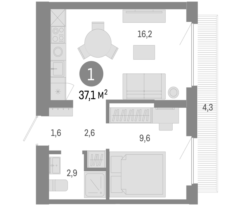 Планировка 2е-к.кв 32.80 м² в ЖК «Пшеница»