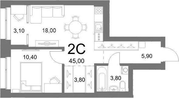 Планировка 2е-к.кв 43.50 м² в ЖК «LEMONT»