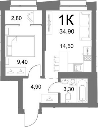 Планировка 1-к.кв 33.50 м² в ЖК «LEMONT»
