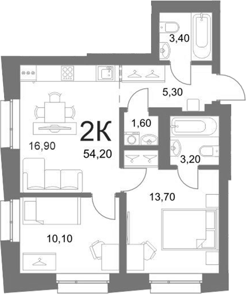 Планировка 2-к.кв 54.20 м² в ЖК «LEMONT»