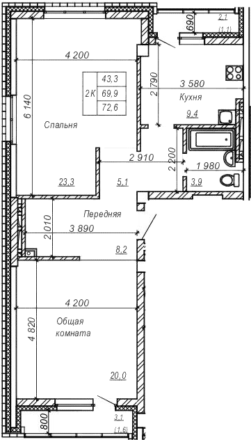 Планировка 2-к.кв 70.00 м² в ЖК «Серебряный ключ»