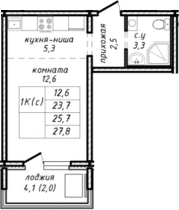 Планировка студии 23.70 м² в ЖК «Азимут»