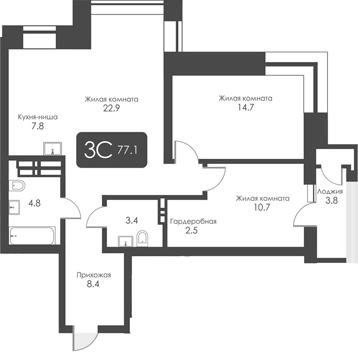 Планировка 3-к.кв 75.20 м² в ЖК «Сити Тауэрс»