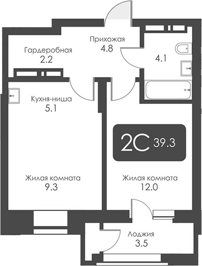 Планировка 2-к.кв 37.55 м² в ЖК «Сити Тауэрс»