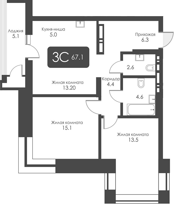 Планировка 3-к.кв 64.55 м² в ЖК «Сити Тауэрс»