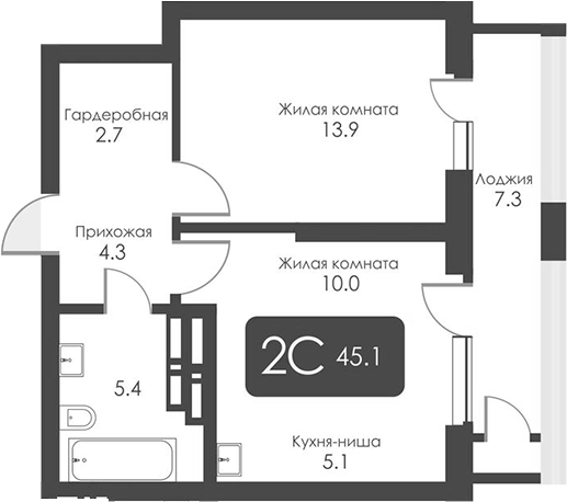 Планировка 2-к.кв 41.45 м² в ЖК «Сити Тауэрс»