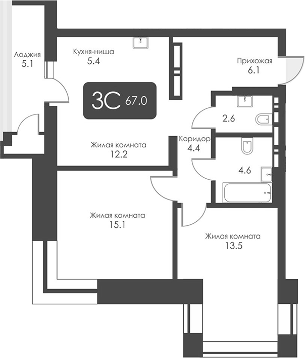 Планировка 3-к.кв 64.45 м² в ЖК «Сити Тауэрс»