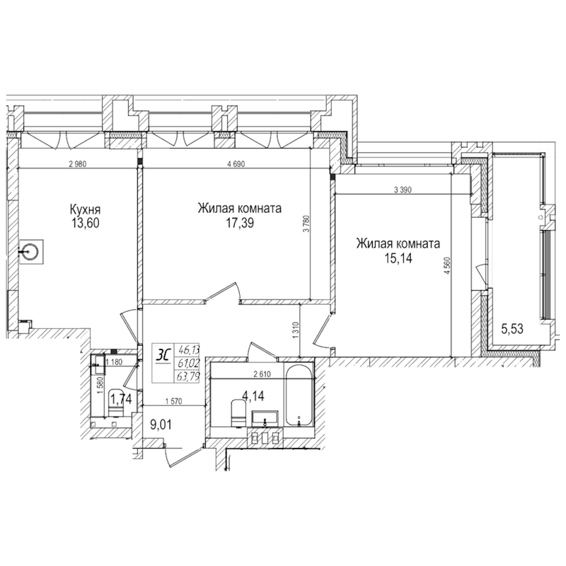 Планировка 2-к.кв 61.00 м² в ЖК «Горького, 10»