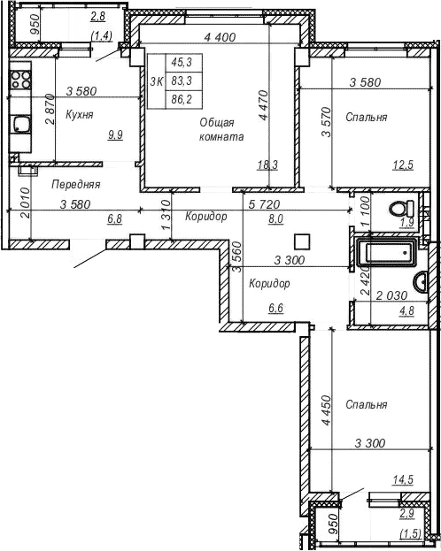 Планировка 3-к.кв 83.35 м² в ЖК «Серебряный ключ»