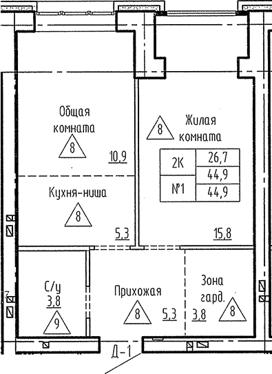Планировка 2е-к.кв 44.90 м² в ЖК «Фламинго»