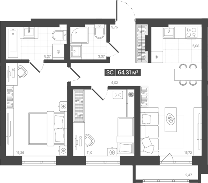 Планировка 3е-к. квартира 63.57 м² в ЖК «Моне. Кемерово»