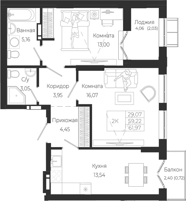 Планировка 2-к.кв 59.22 м² в ЖК «Город Гор. Майма»