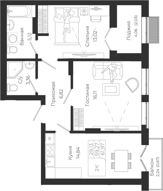 Планировка 2-к.кв 59.27 м² в ЖК «Город Гор. Майма»