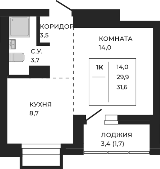 Планировка своб. план. 31.60 м² в ЖК «ЖеКа Павлов. Барнаул»