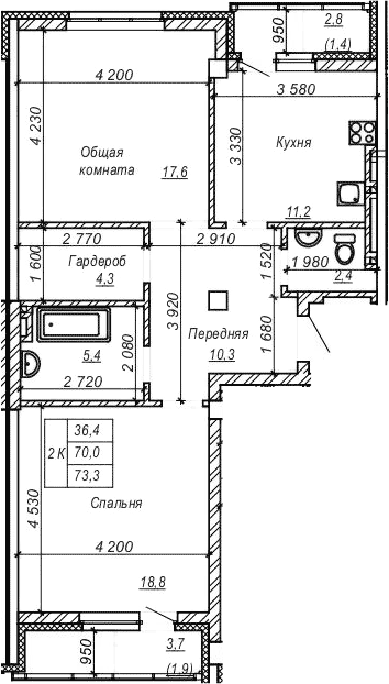 Планировка 2-к.кв 70.05 м² в ЖК «Серебряный ключ»