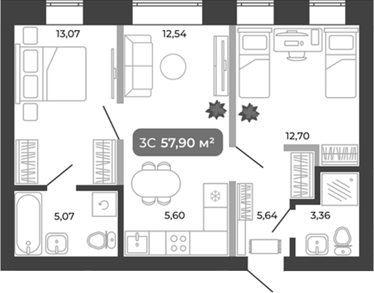 Планировка 3е-к.кв 57.90 м² в ЖК «Ботаника»
