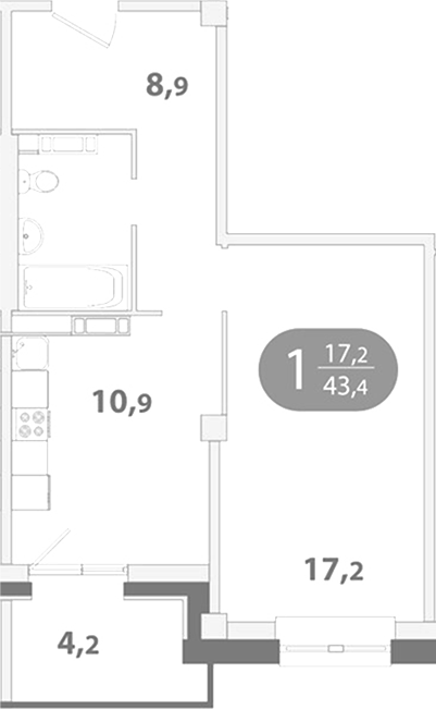 Планировка 1-к.кв 39.25 м² в ЖК «Южные ворота. Томск»