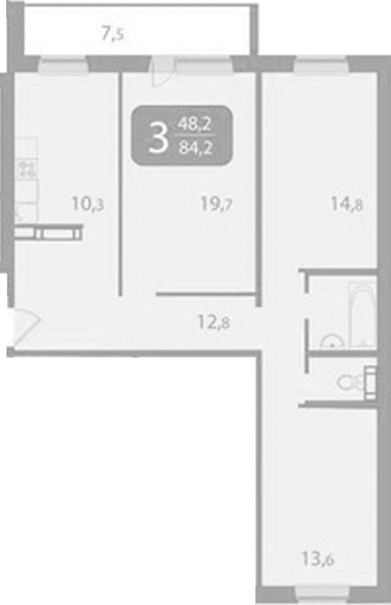 Планировка 3-к.кв 76.72 м² в ЖК «Южные ворота. Томск»