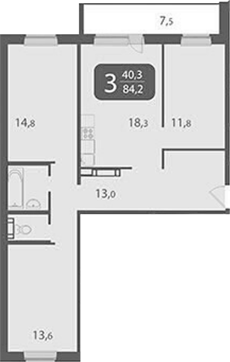 Планировка 3-к.кв 76.70 м² в ЖК «Южные ворота. Томск»
