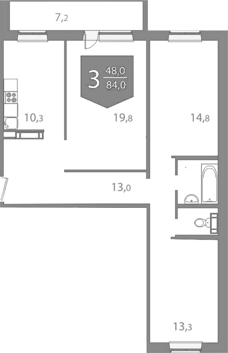 Планировка 3-к.кв 76.87 м² в ЖК «На Энтузиастов. Томск»